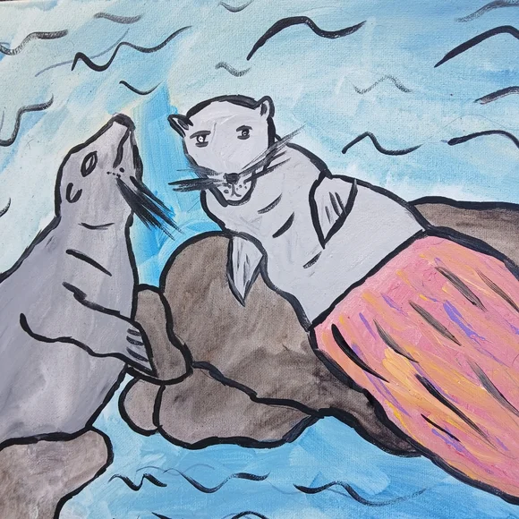 Sea Lions Mermaid Painting Folk Art - Picture 6 of 14